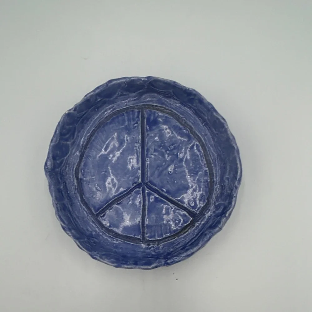 Blue Ceramic Trinket dish with Peace Symbol Theme, Round Collectible One-Piece